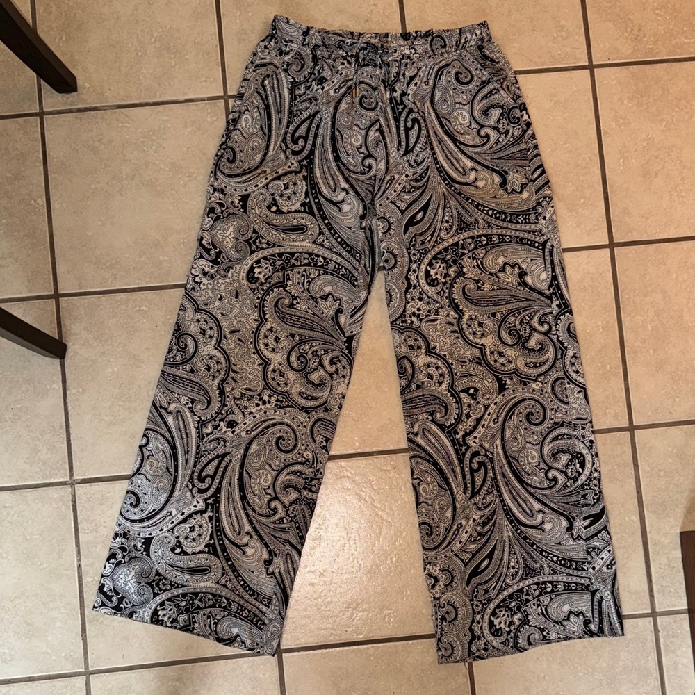 Michael Kors Paisley Flowy Pants Size 4 Black & Cream Drawstring